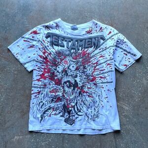 Vintage 1992 Brockum Testament AOP Band T Shirt White Graphic Print Mens Size L